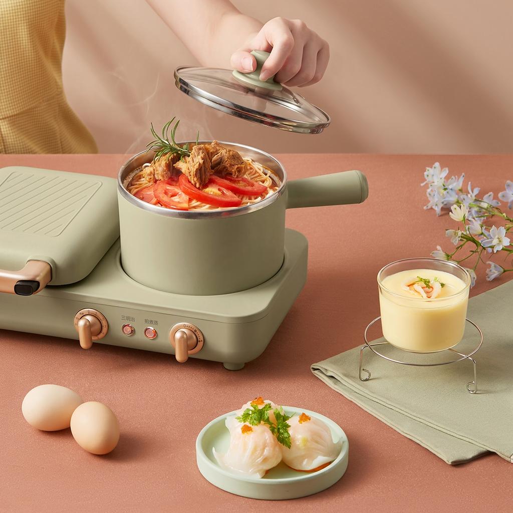 Mașină de gătit electrică multifuncțională de 220V, mașină de vafe antiaderentă, aparat de sandwich-uri pentru micul dejun, cu 5 farfurii și oală de gătit