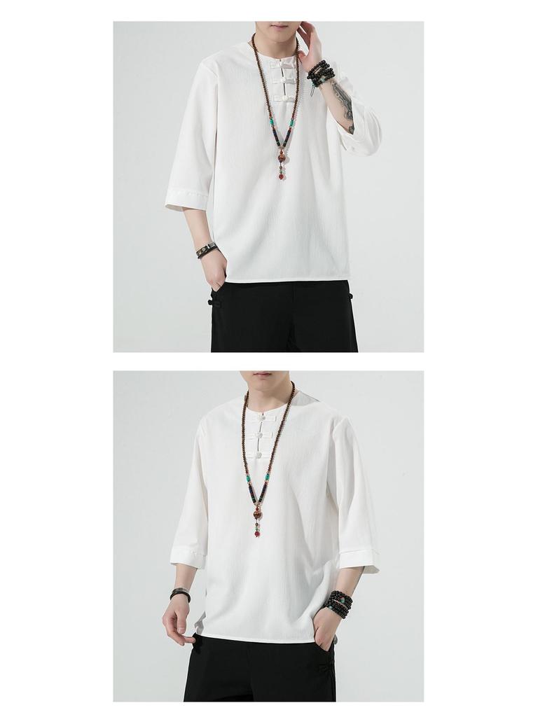 Men's Retro Plus Size Cotton Linen Hanfu T-shirt with Frog Button, Three-Quarter Sleeves