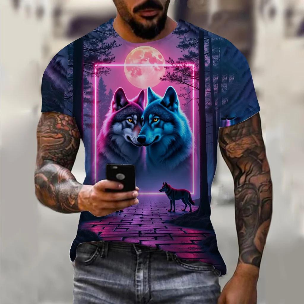 PLUS-size 3D Wolf Beast Print Men and Women Casual Short-sleeved T-shirt Round Neck Fashion Trend Cool Men's Daily New Clothing