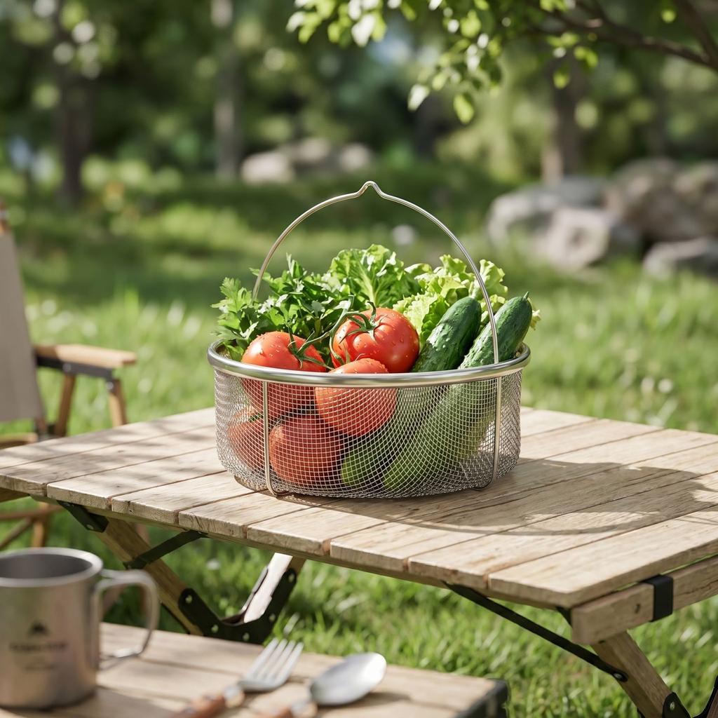 Stainless Steel Collapsible Vegetable Washing Basket with Foldable Handle for Camping Kitchen Use Durable Mesh Strainer Basket
