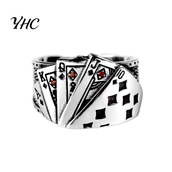 Anello Poker Carta Retro Unisex Giocante Regolabile Aperto Inciso Gioiello per Festa
