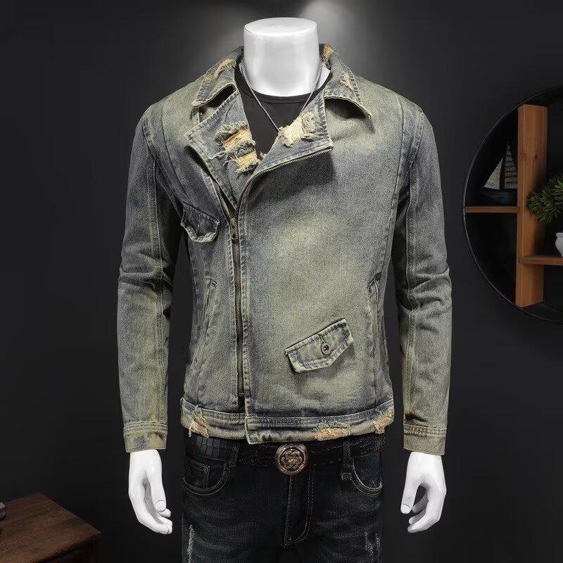 Men's Trendy Punk Street Style Denim Jacket - European & American Spring/Autumn Casual Motorcycle Top