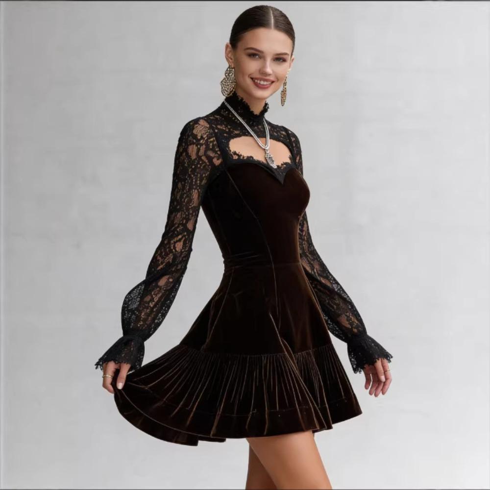 Europe beautiful woman French sexy lace hollow dress waist horn sleeve small dress dress