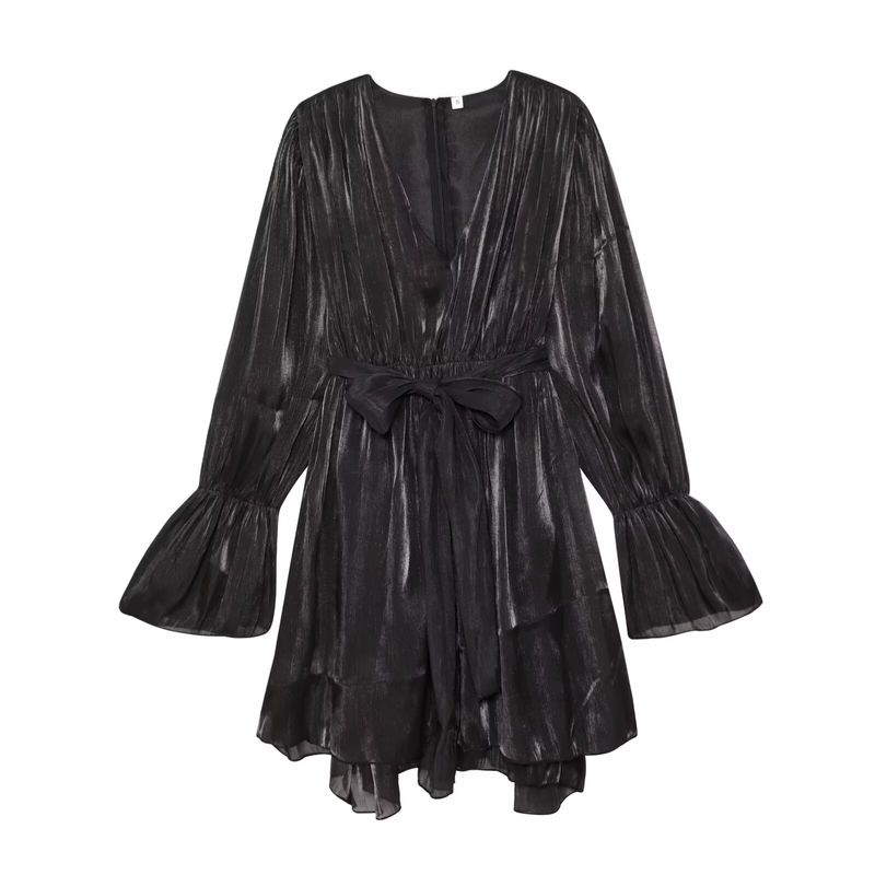 Kaslead New Women clothes Western Style Fashion Simple Loose Long sleeve V-neck Lace-up Dress