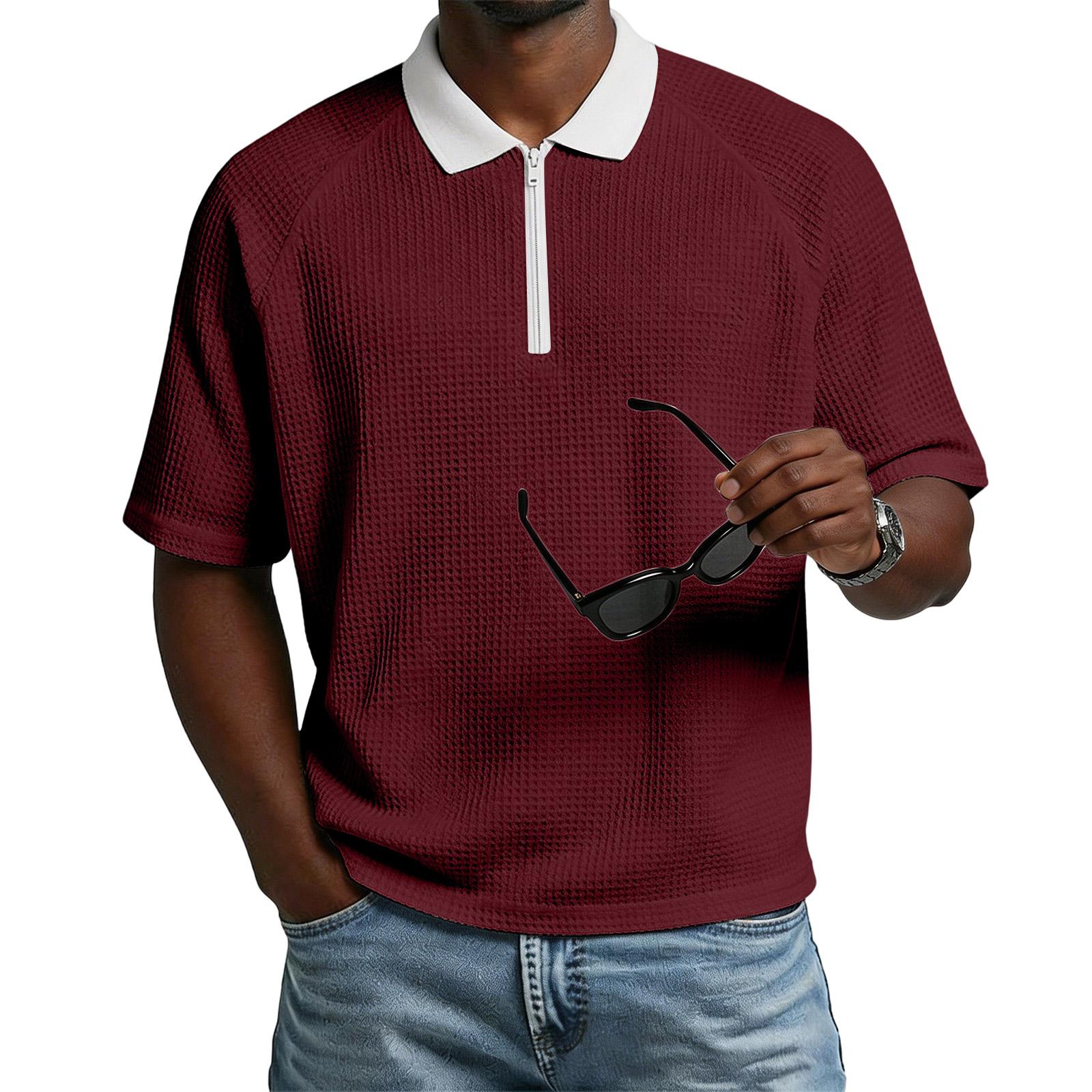 Ionia Heren Poloshirt met Korte Mouwen, Contrastkraag en Halve Rits, Casual Wafelpatroon Top S wijn