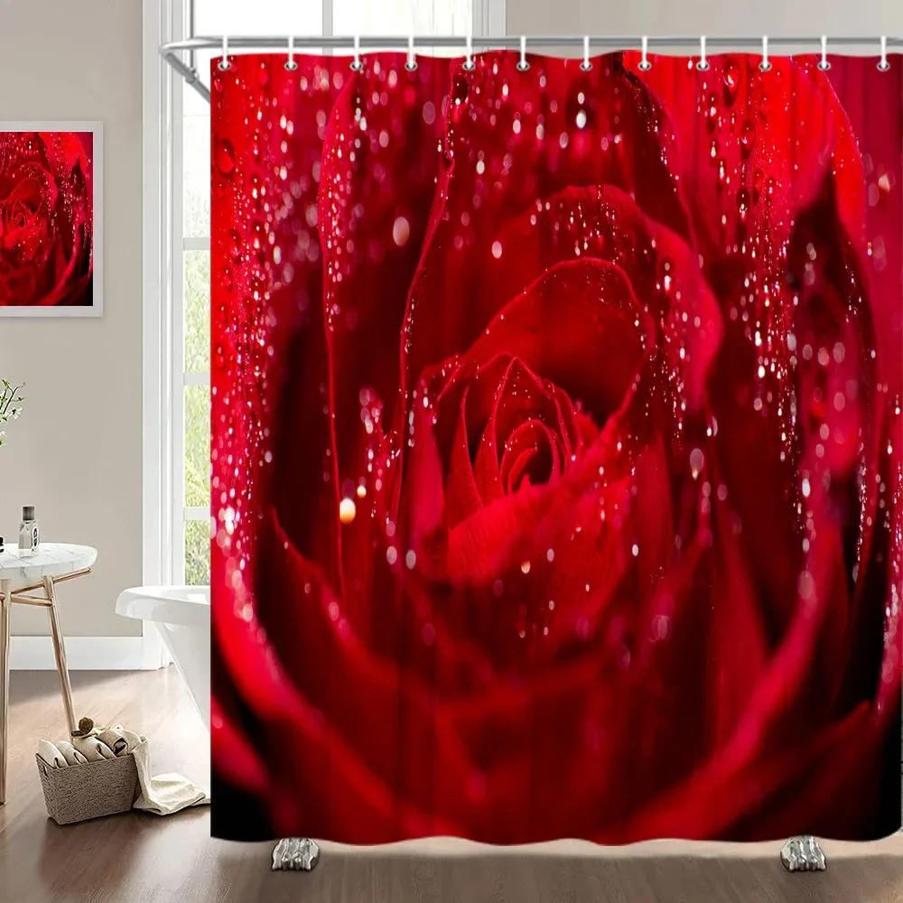 Valentine'S Day Shower Curtain, Rose Flower Heart Romantic Plant Love Lipstick Polyester Printed Fabric Bathroom Decoration