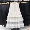 2025 Early New Elastic Waist Lace Lace Splicing A Word Big Pendulum Foreign Style Gray Cake Skirt Long Skirt