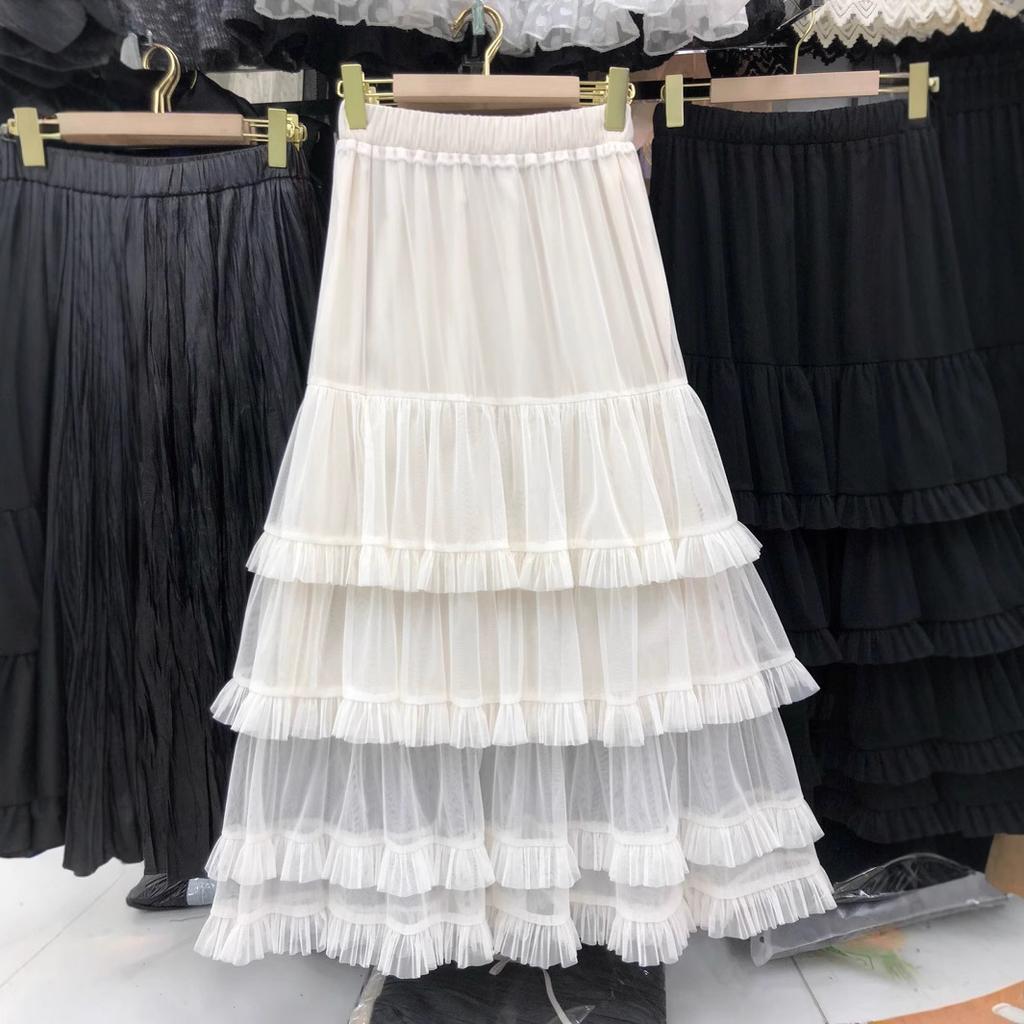 2025 Early New Elastic Waist Lace Lace Splicing A Word Big Pendulum Foreign Style Gray Cake Skirt Long Skirt