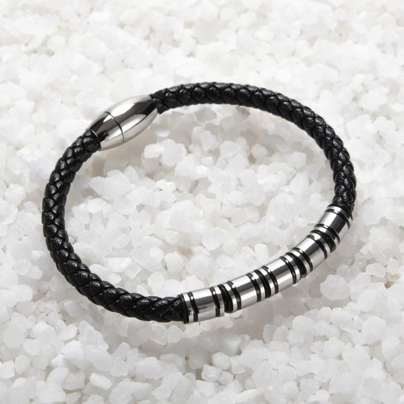 Stainless Steel Braided Leather Bracelet Men Magnetic Clasp Geometric Design Titanium Unisex Wristband Black Leather, Steel Clasp