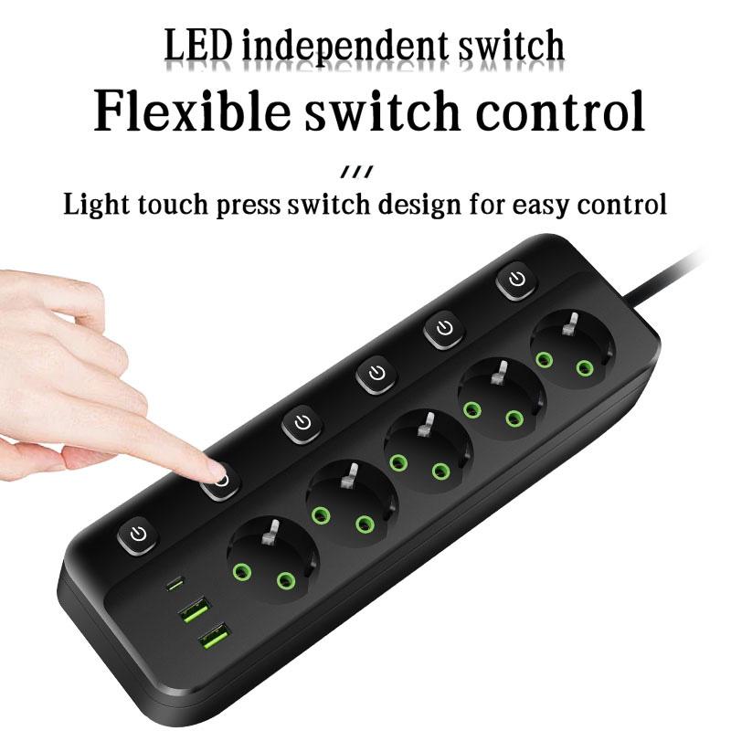 Intelligente Steckdosenleiste EU-Stecker AC-Steckdose Mehrfachsteckdose 2M Verlängerungskabel Elektrische Steckdose Netzwerkfilter Typ C PD Schnellladung