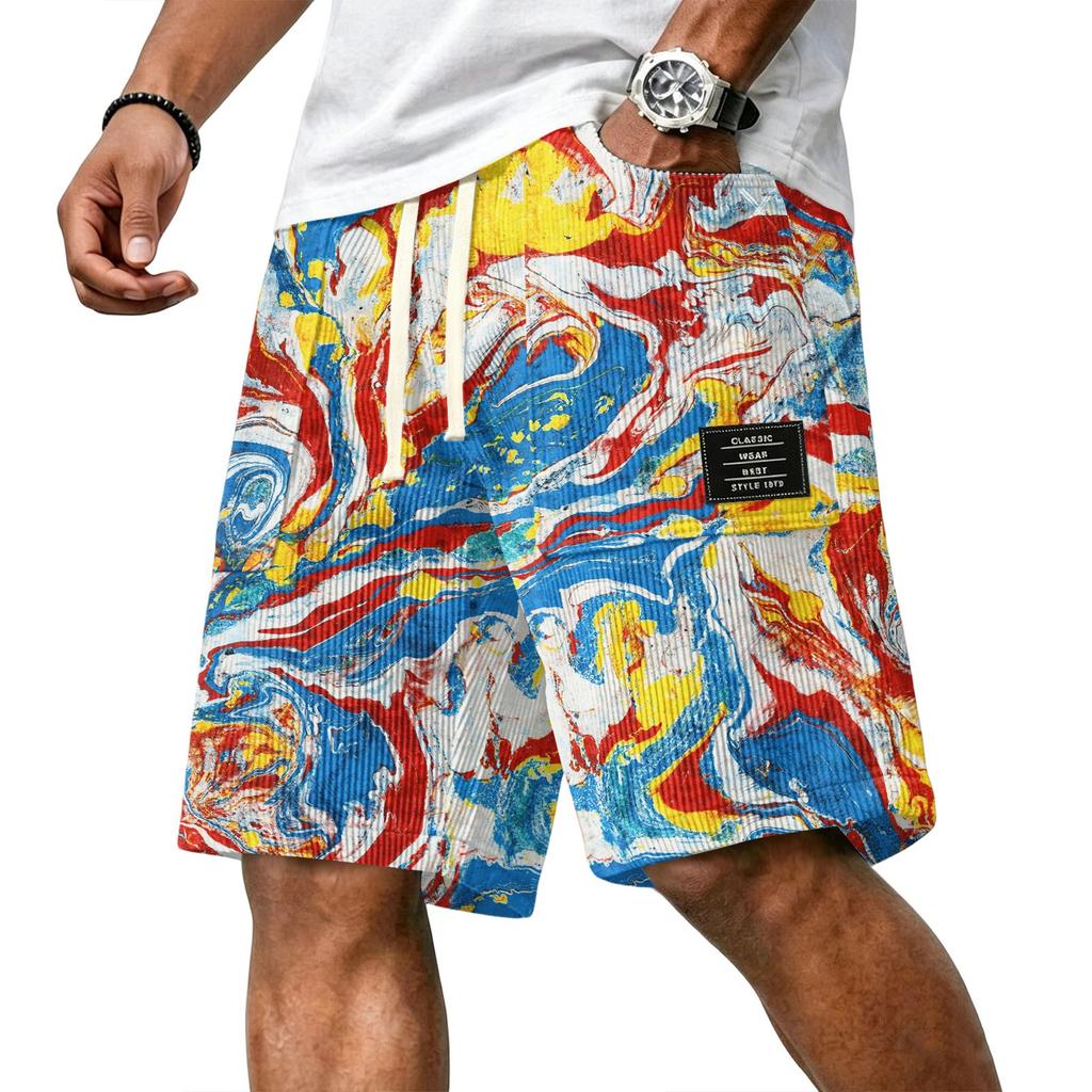 Men Casual Corduroy Drawstring Shorts Gradient Pattern Elastic Waistband Comfortable Fit Suitable for Everyday Wear