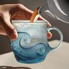 Glass Coffee Mug Water Bottle Wave Design 300ml Coffee Mug with Handle for Kids Beach House Office Women Men Adults Home