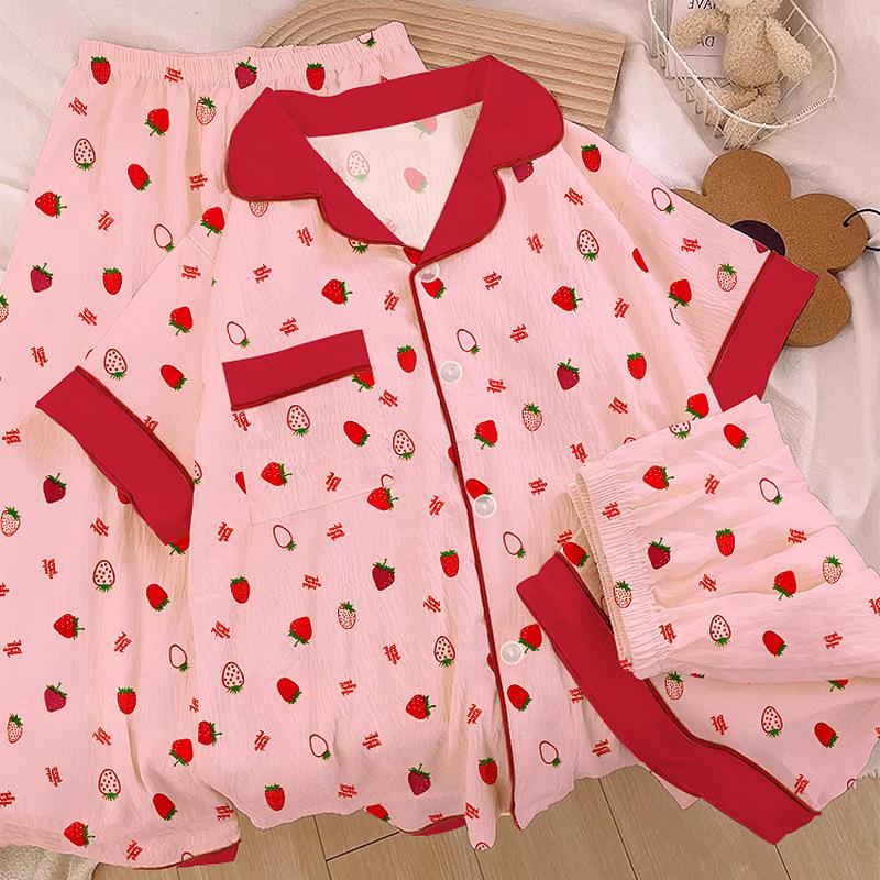 Cloud Cotton Spring Summer Pajamas Women Cute Strawberry Loungewear Summer Short Sleeve Three-Piece Set