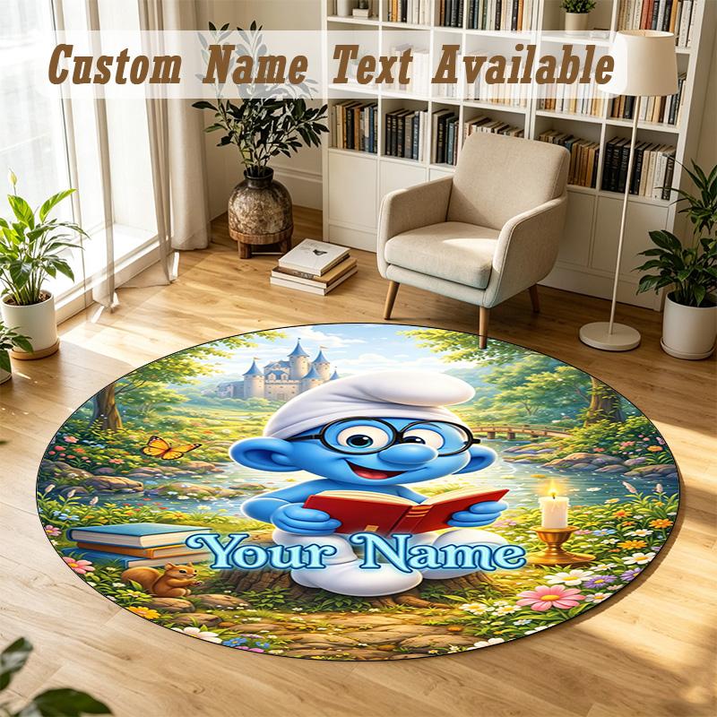 Round Rug Custom NameSmurfs Pattern Non Slip Carpet Home Floor Decor