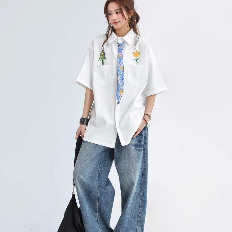 Floral Graffiti Printed Female's Shirts Summer Short Sleeved Single Breasted White Blouses Loose Lapel Tops with Pocket