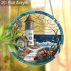 Acrylic Coastal Lighthouse with Ocean and Flowers Suncatcher, Stained Glass Effect Window Hanging Ornament for Nautical & Beach Lover Gifts