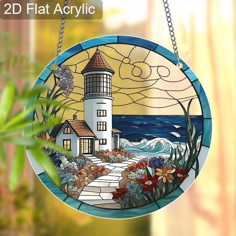 Acrylic Coastal Lighthouse with Ocean and Flowers Suncatcher, Stained Glass Effect Window Hanging Ornament for Nautical & Beach Lover Gifts