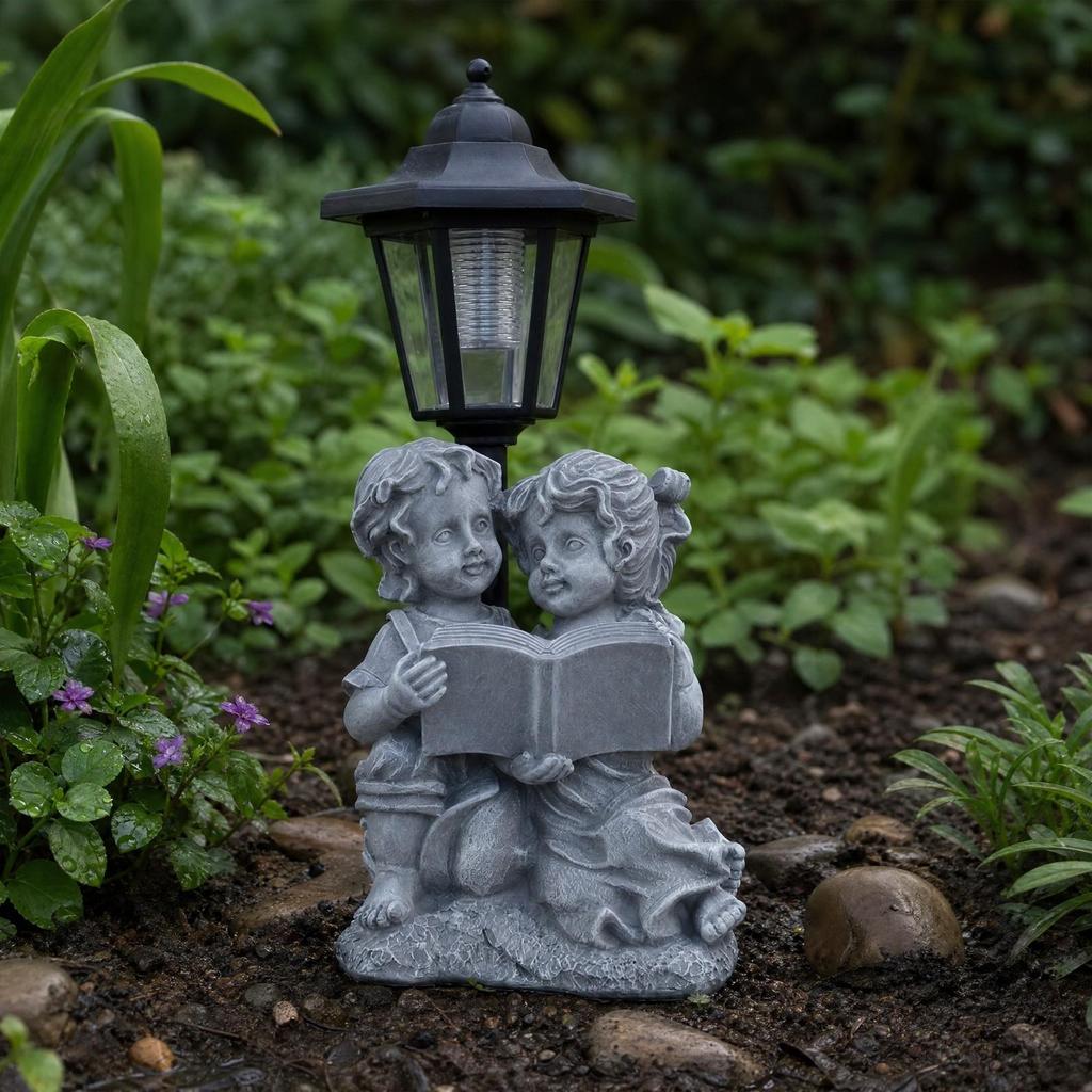 Children Reading Garden Figurine Automatic Dusk Lighting for Flower Beds
