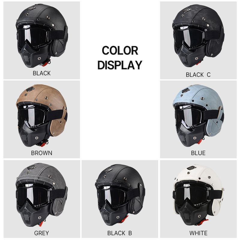 Newest Black Leather Open Face Motorcycle Helmet With Mask Scooter Riding Caque Classic Electric Motorbike Jet Cascos Para Moto