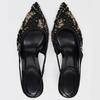 Fashion Fashion Mesh String Bead Embellished Design Heels Women Elegant Pointed Toe Back Strap Slide Sandals Black Party Dress Shoes