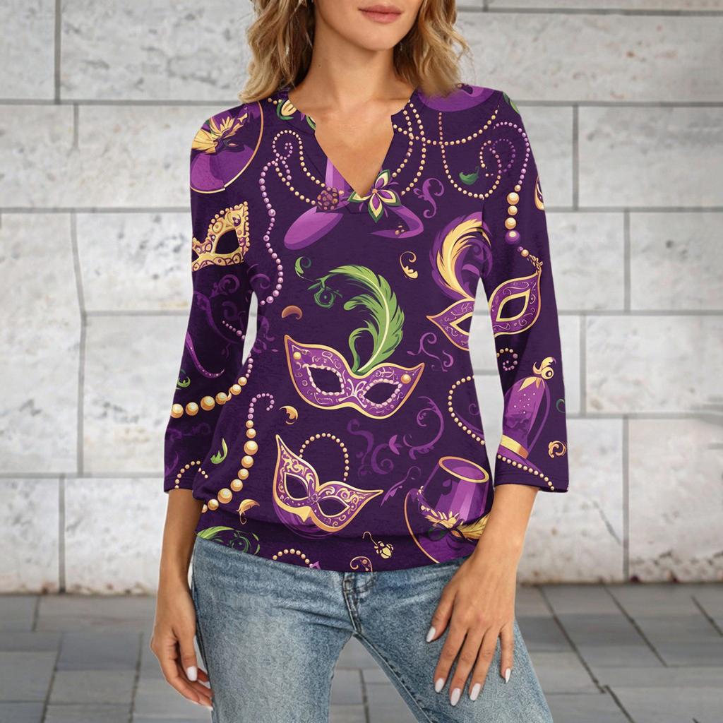 Women's 3/4 Sleeve Top With Cuffed Hem, V-Neck, Summer Casual -Shirt, Carnival Printed Top