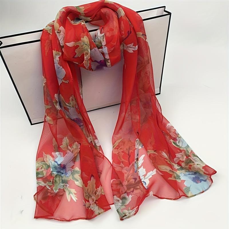 Whimsical Camellia Print Chiffon Scarf - Soft, Breathable & Versatile Shawl for Women - Perfect for All Seasons, Polyester Fiber, Elegant Accessory
