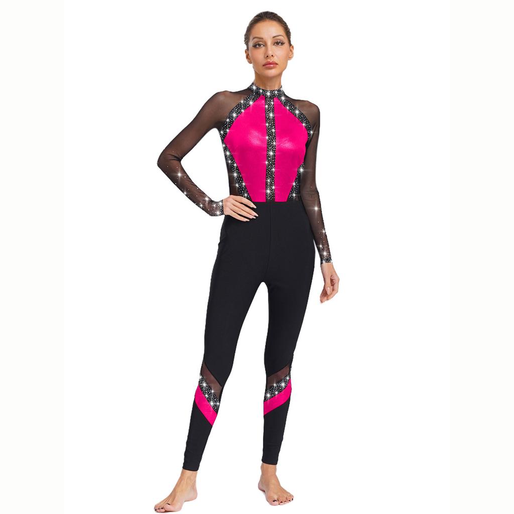 Womens Gymnastics Dance Jumpsuit Sparkling Rhinestones Full Body Leotard Sheer Mesh Patchwork Color Block Leotard