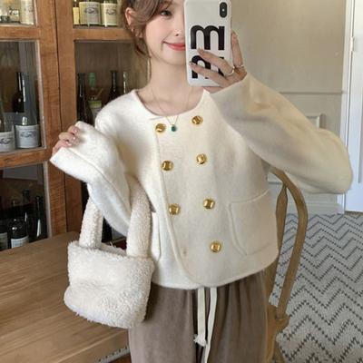 Double Breasted Knitted Cardigan Sweater Women Autumn and Winter 2023 French Short Sleeved Cardigan Sweater Coat Female Tops