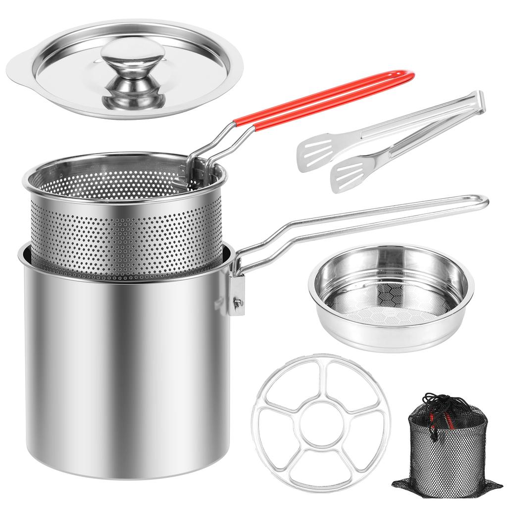 Deep Fryer Pots Stainless Steel Deep Frying Pot Portable Kitchen Oil Fryer Pots with Strainer Basket Handle and Lids for Cooking