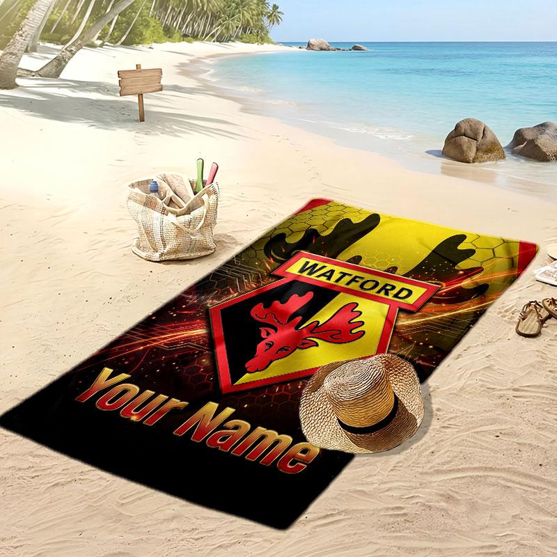 Watford FC Personalisiertes Bedrucktes Strandtuch Fußballlogo Unterstützung Benutzerdefinierter Name Text Absorbierendes Handtuch Für Sport Reisen Besonderes Geschenk