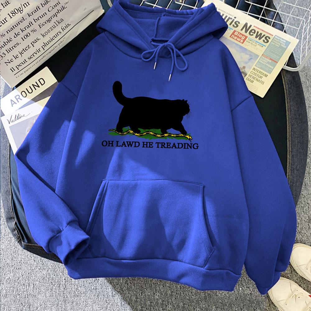 

Забавные худи с принтом кота Oh Lawd He Treading, толстовки, женская/мужская одежда, удобная уличная одежда, мультяшное худи 3XL