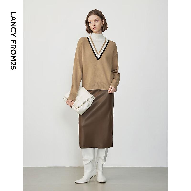 LANCY Women's Faux Two-Piece Wool Blend Stand-Collar Pullover Sweater