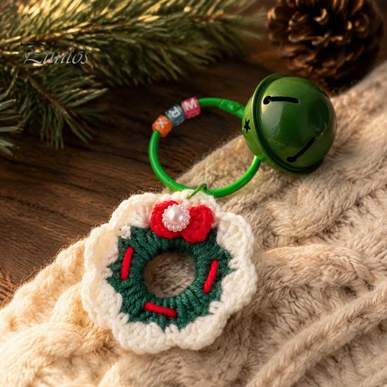 Santa Claus Key Ring Yarn Crochet Christmas Keychain with Bell, Handmade Tree Hat Glove Wreath Small Holiday Keepsake Pendant, Bag Charm Accessory for