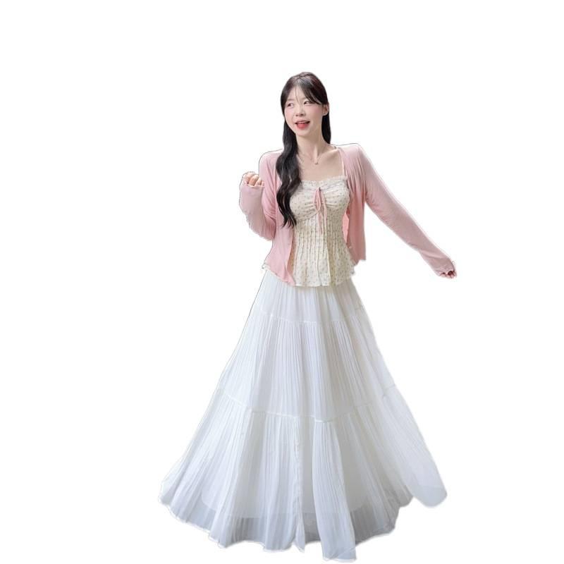 Plus Size Floral Lace Trim Camisole & Cardigan with Pleated Chiffon Skirt Set