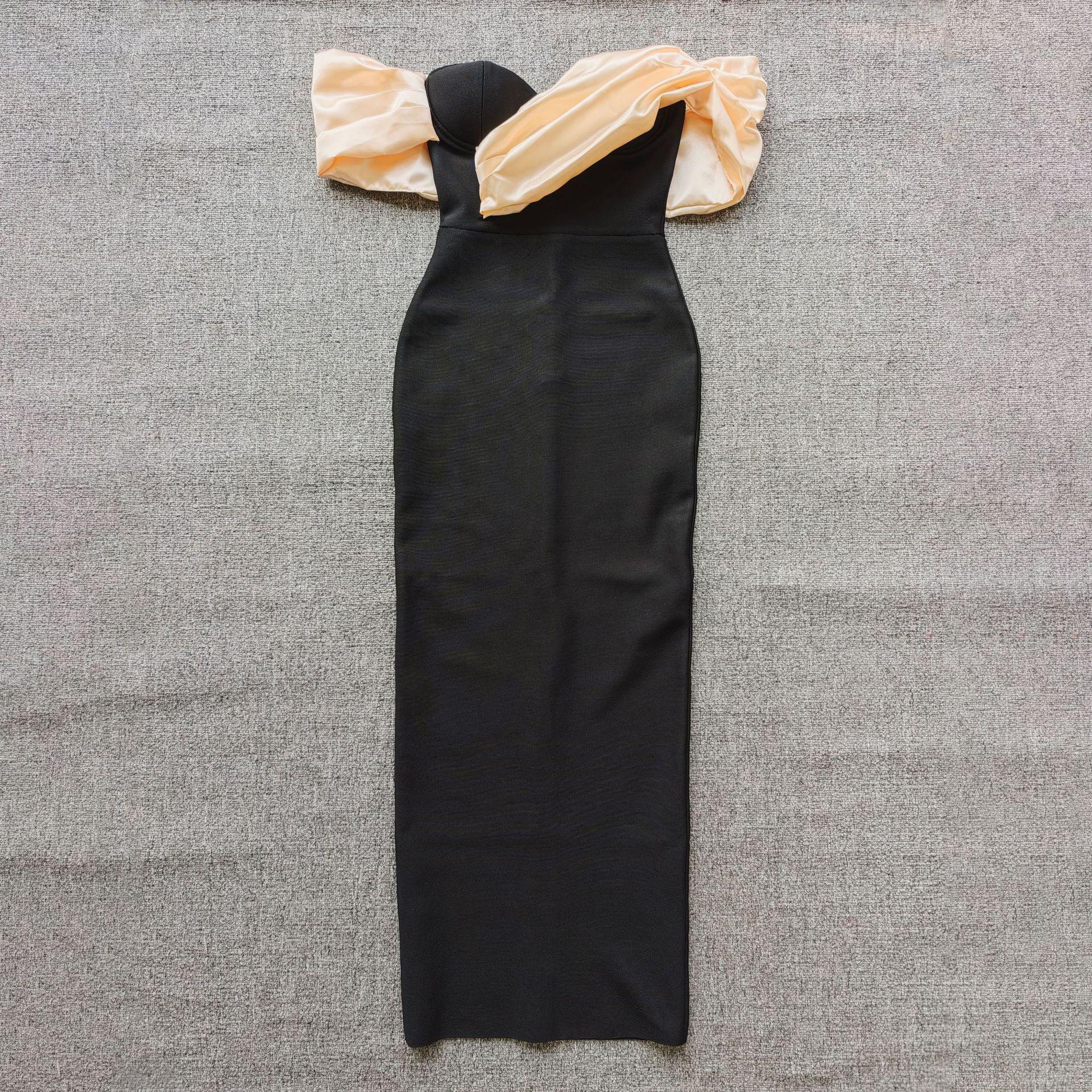 

Французское вечернее платье без бретелек, пэчворк, с утягивающей талию бандажной вставкой, облегающего кроя M чёрный/шампанского