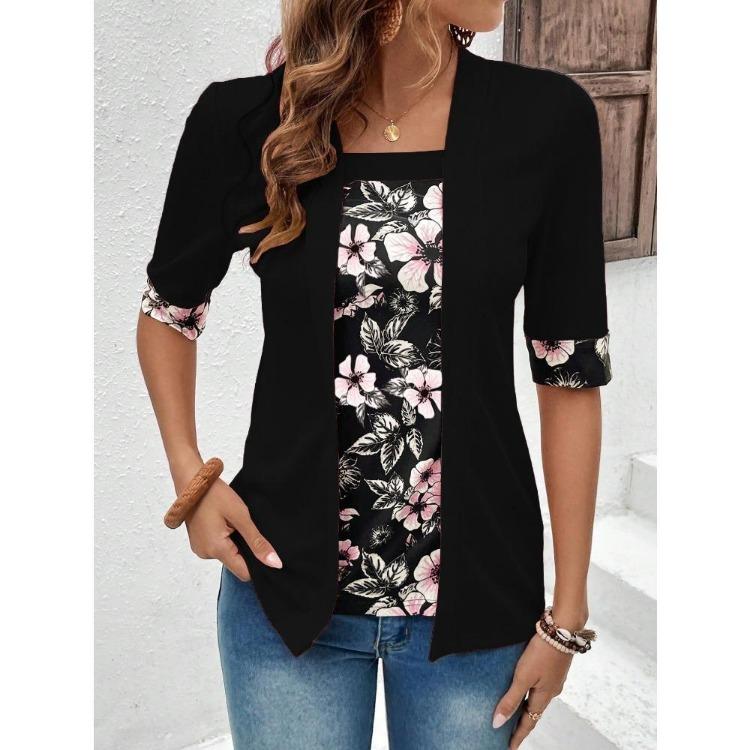 Dámské tričko s vintage potiskem Falešný dvoudílný top Letní podzimní s tříčtvrtečním rukávem