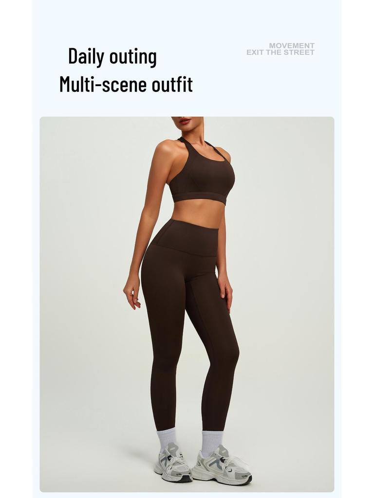 Set de Yoga cu Sutien Sport din Nailon Rezistent la Șocuri, Față-Spate și Pantaloni pe Nouă Puncte pentru Femei