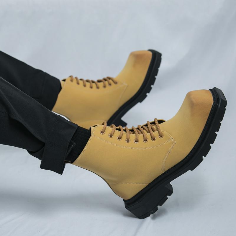 Men’s Retro Punk Thick Sole Platform Boots Jockey Boots Yellow Square Toe Motorcycle Boots High Boots Plus Size