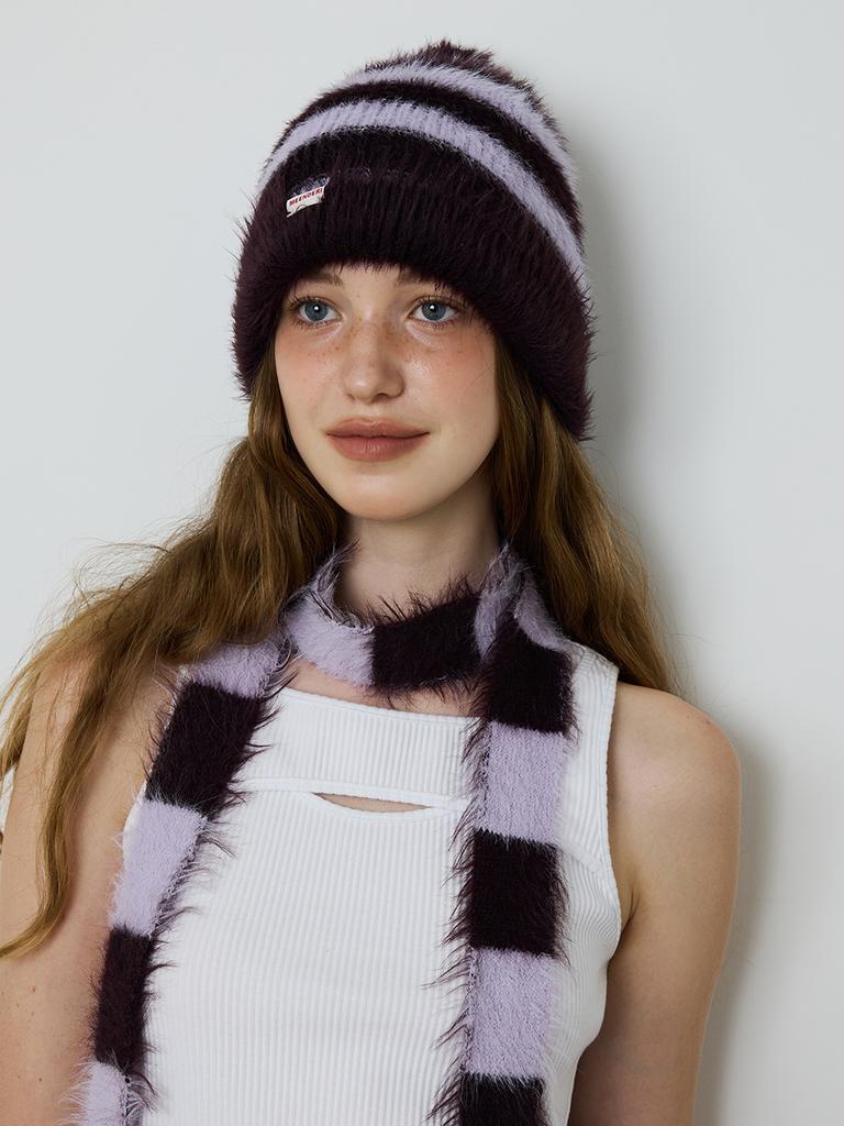 MEENDERI [Unisex] Mixed Stripe Knit Beanie - Lavender Plum