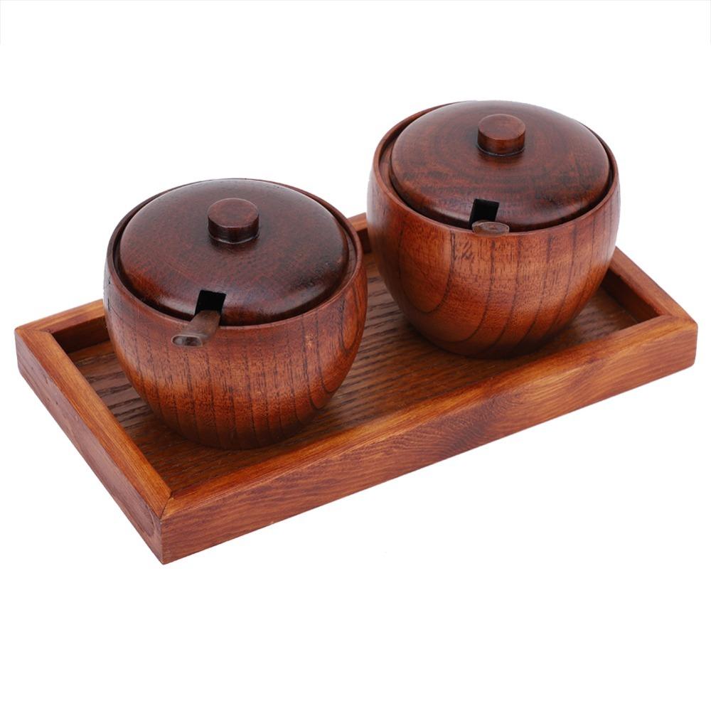 1 Set Matching Mini Spice Spoon Storage Jar Wood Organizer Set Restaurant Condiment