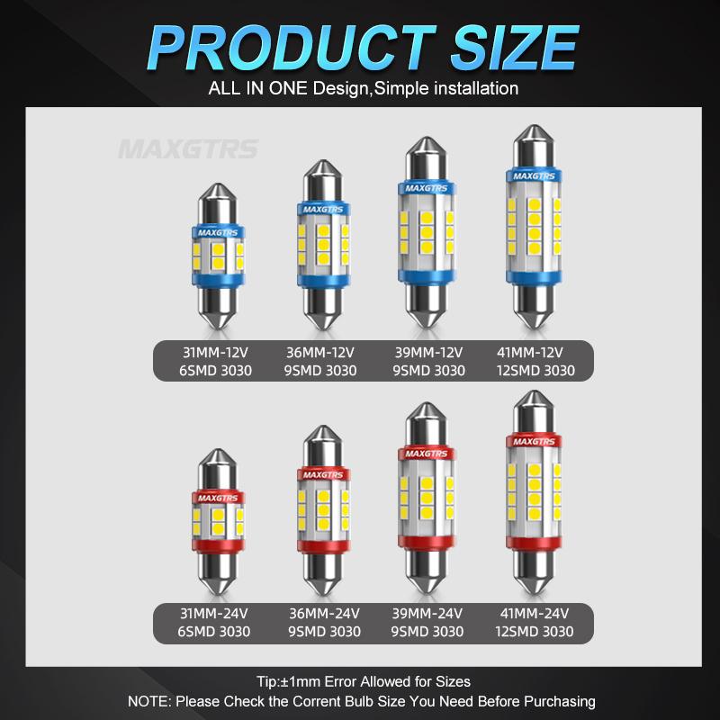 MAXGTRS 2X 12V 24V Festoon C5W C10W 3030 Chip Bulb Canbus Car LED Interior Dome Reading License Plate Lights 6000K