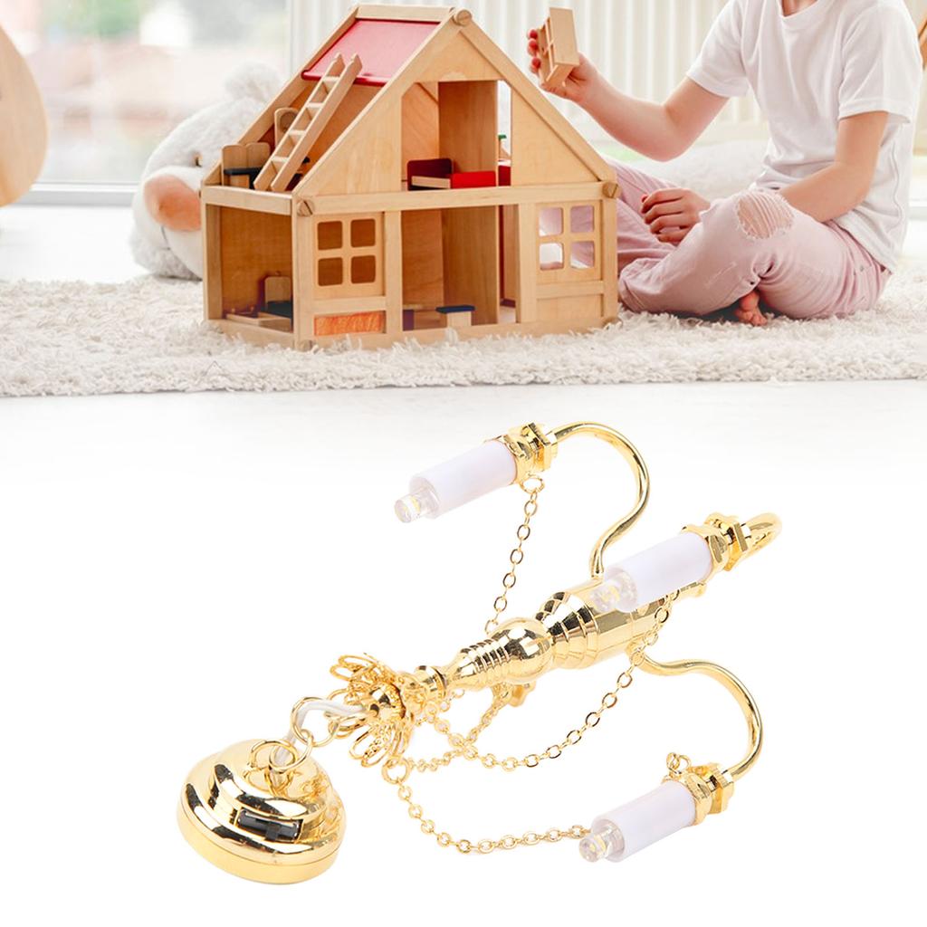 Puppenhaus Kronleuchter 1/12 Maßstab Batteriebetrieben Lebensecht 4 Köpfe Miniatur Deckenleuchte Gold
