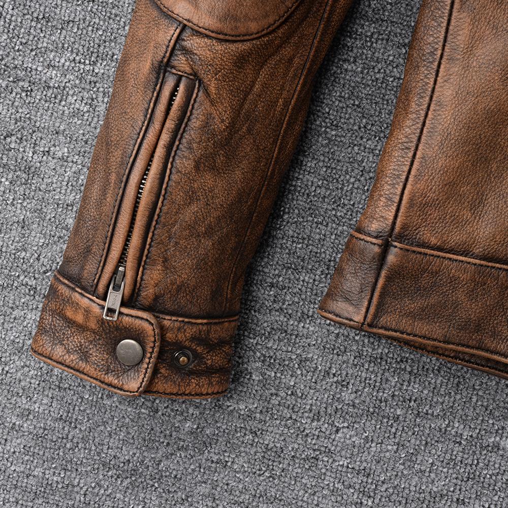 Vintage Yellow Brown Genuine Cowhide Leather Jacket Men Natural Cow Leather Jackets Soft Slim Fit Man Short Coat Autumn Clothing