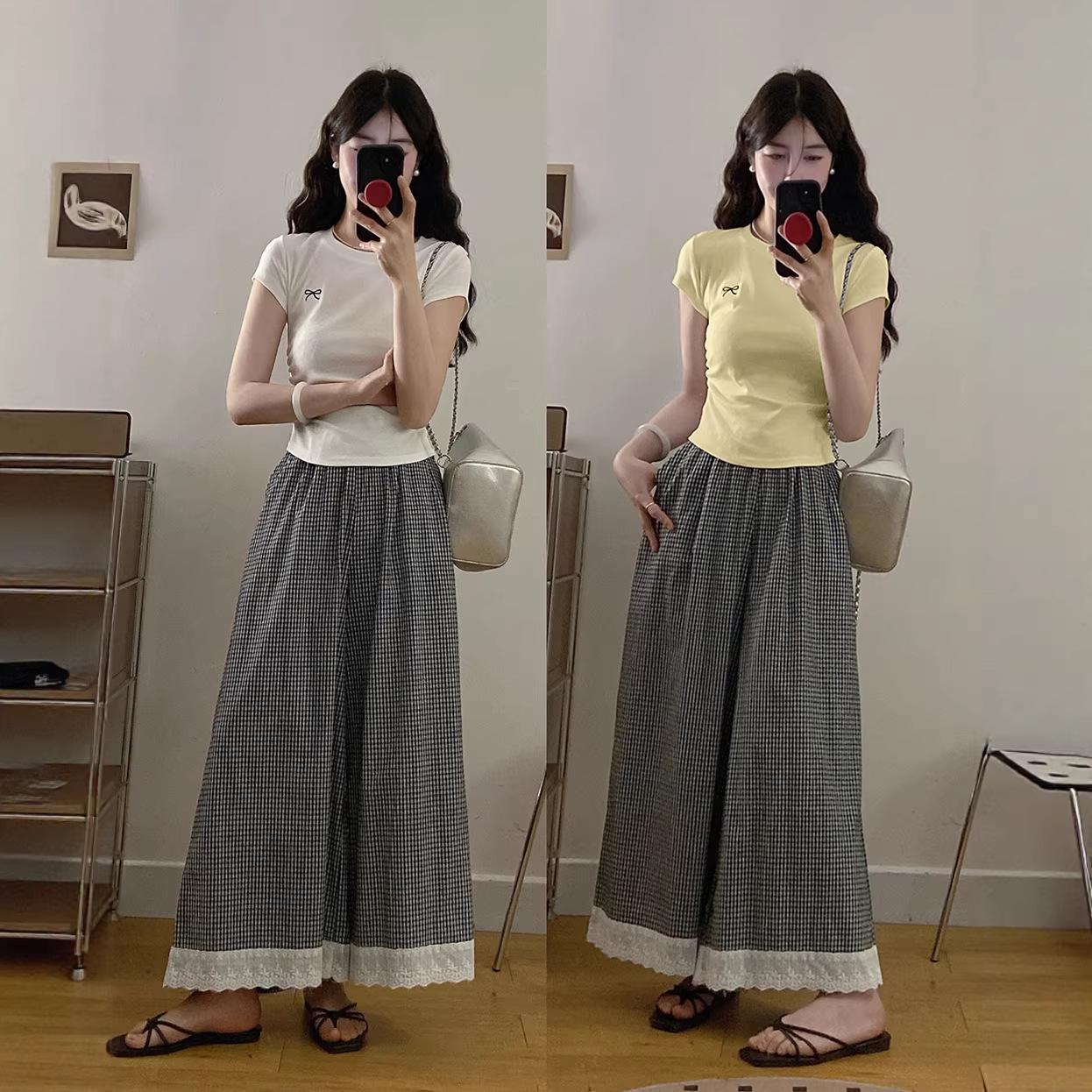 

2026 Summer Plus Size Bow Sleeve T-shirt & Plaid Wide-Leg Pants Set XL