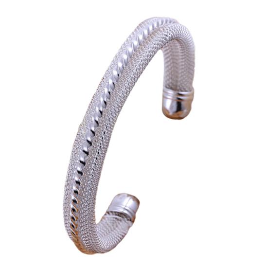 Women Casual Mesh Twisted Carving Band Silver Plated Bangle Bracelet Jewelry