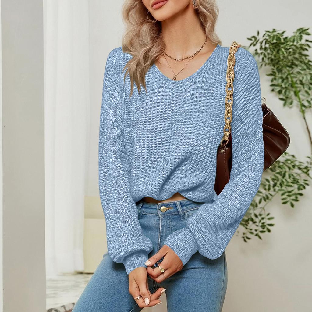 Women's Lazy Style Loose Short V-neck Lntern Long-sleeved Pullover Sweater