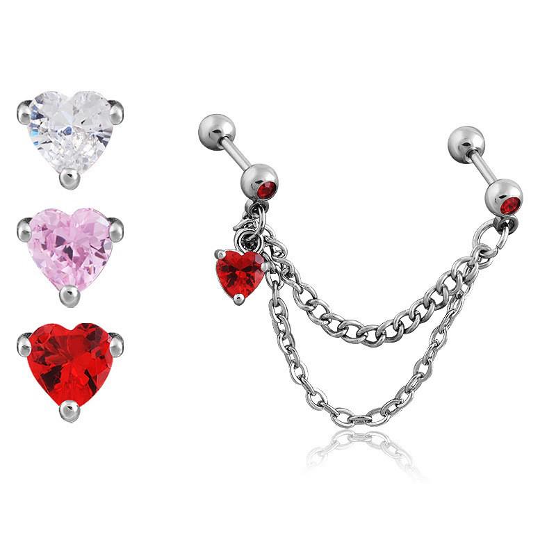 Trendy European & American Titanium Steel Double Chain Heart Zircon Ear Cuff Earrings for Women
