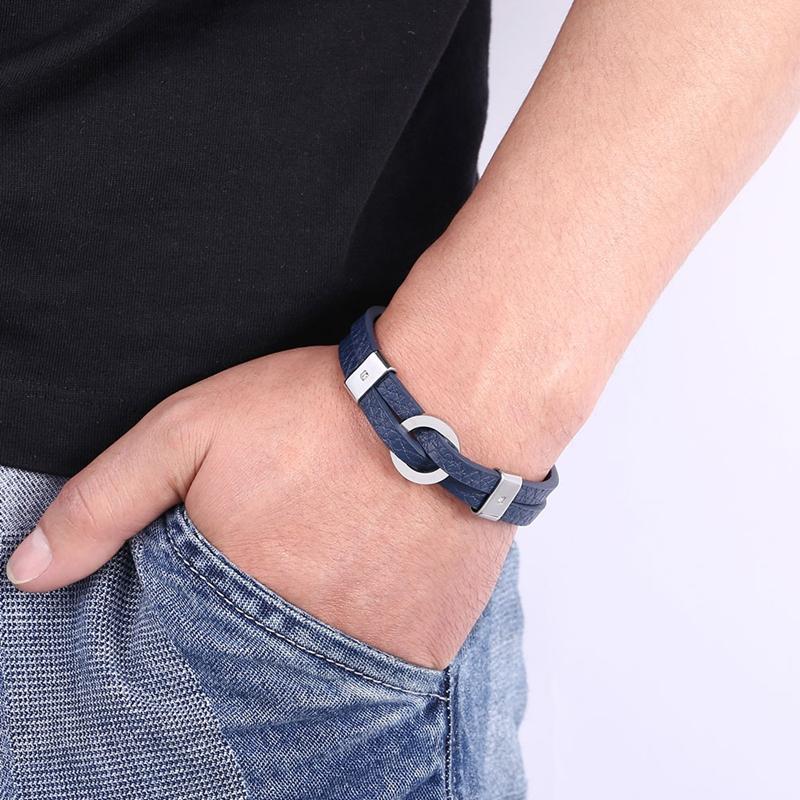 Fashion Leather Mens Bracelet Stainless Steel Buckle Charm Couple Bangles Jewelry