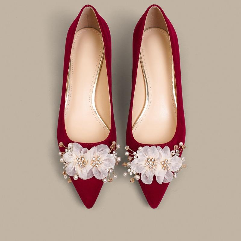 Women Pointed Shallow Mouth High Heels Shoes Suede Stiletto Heel Shoes Comfort Solid Pearl Wedding Single Pumps Zapatos De Mujer