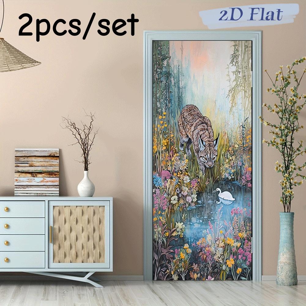 

2pcs decorative door wall stickers with a forest theme, featuring a lynx and a swan in the picture, rich in colors and full of n (as the picture,38.5x200cmx2)